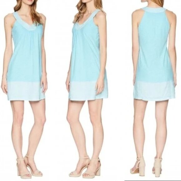 2/$30 Tommy Bahama Arden Flounce Dress Sleeveless Mixed Media Blue Linen - Picture 2 of 14